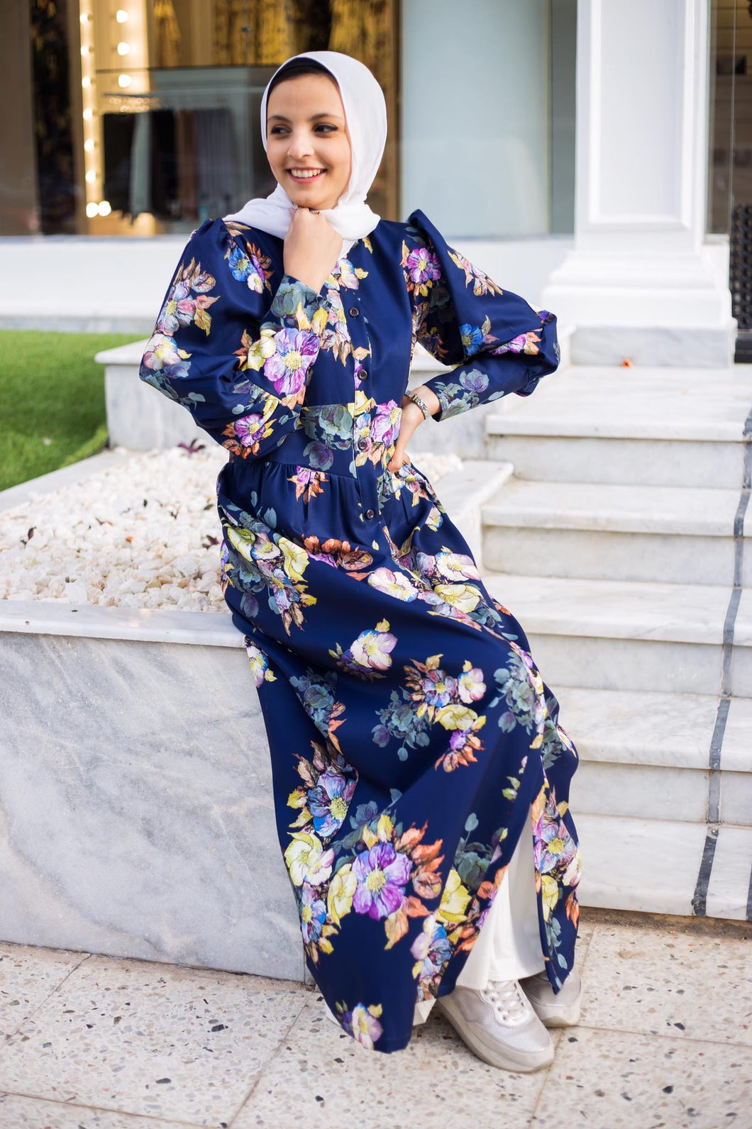 Navy Blue, Yellow Flowers Dress Oriental Modesty Fashion Navy Blue, Yellow Flowers Dress Oriental Modesty Fashion